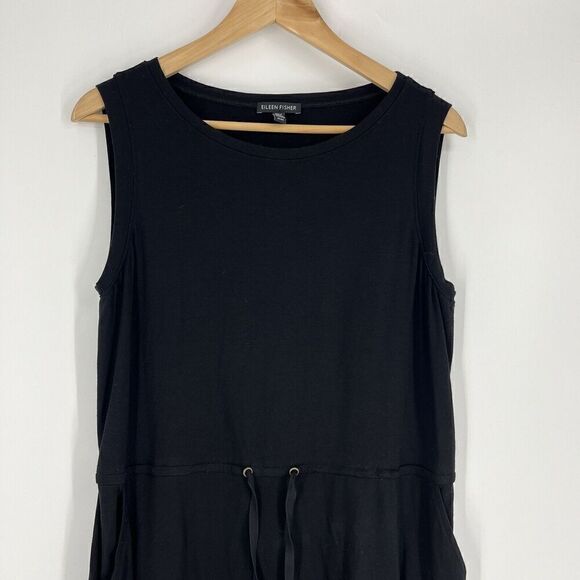 Eileen Fisher Dress Size Medium Black Boat Neck Sleeveless Midi Knit Drawstring - Picture 2 of 6